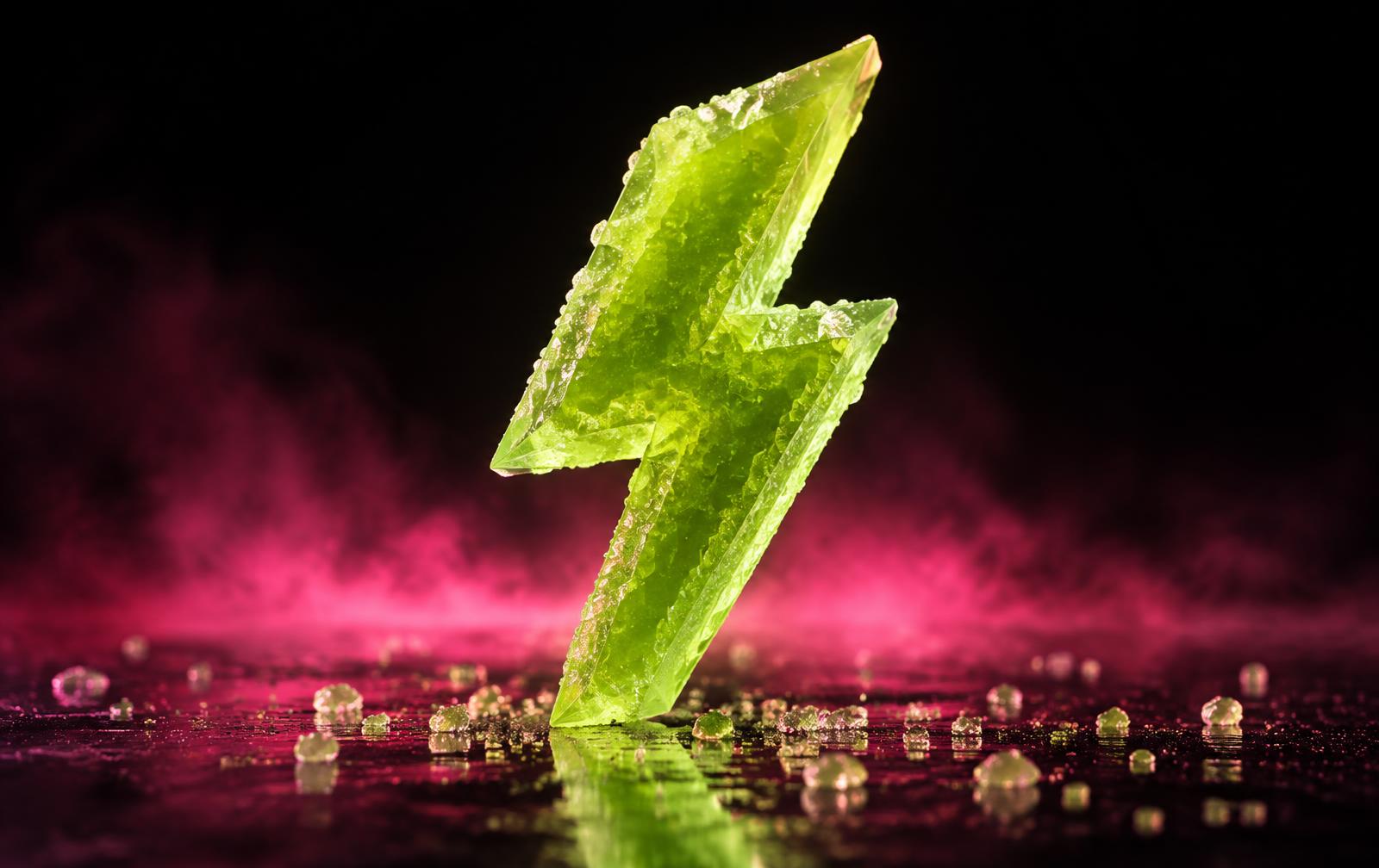 Kirpeen logosta inspiroituneita teräviä limenvihreitä ja pinkkejä muotoja